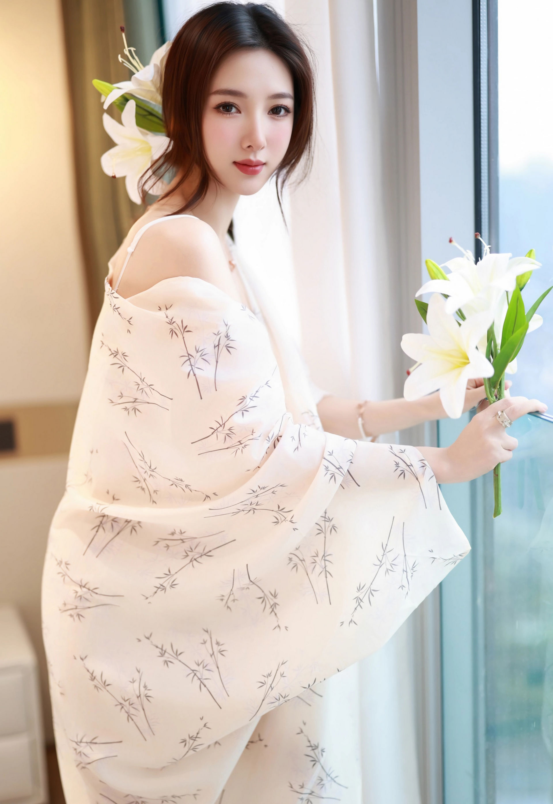 [YOUMI尤蜜荟] VOL.1201 Twins-桃桃 白色蕾丝内衣 诱人肉色丝袜 性感写真 [64张]插图1